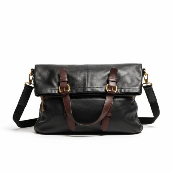 Fossil Leather Convertible Hobo/Shoulder Bag – Black w/ Brown Handles, Gold Hard - Picture 2 of 4